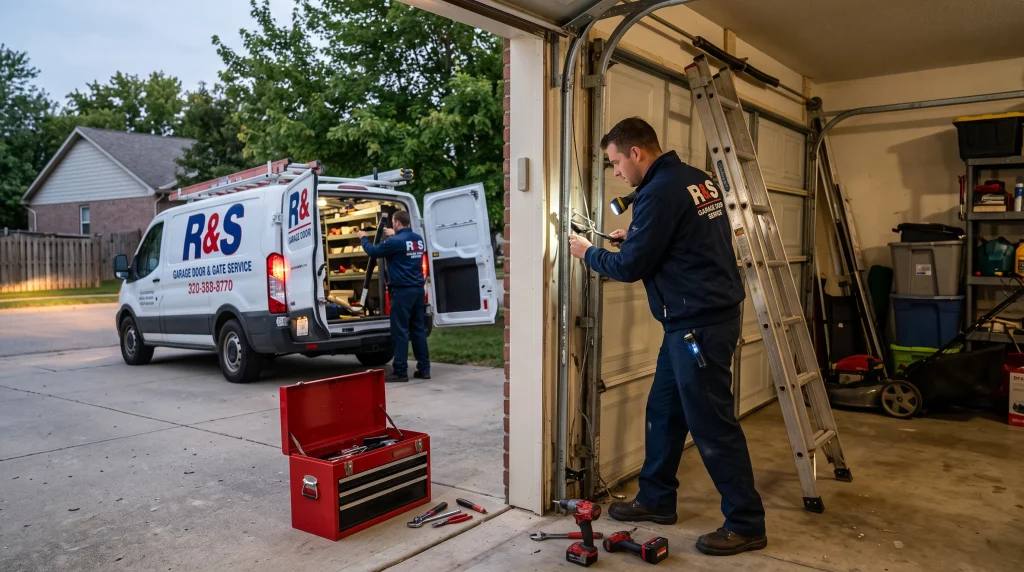 A service technician performing an evening driveway repair next to an R&S service van for Emergency Garage Door Repair.