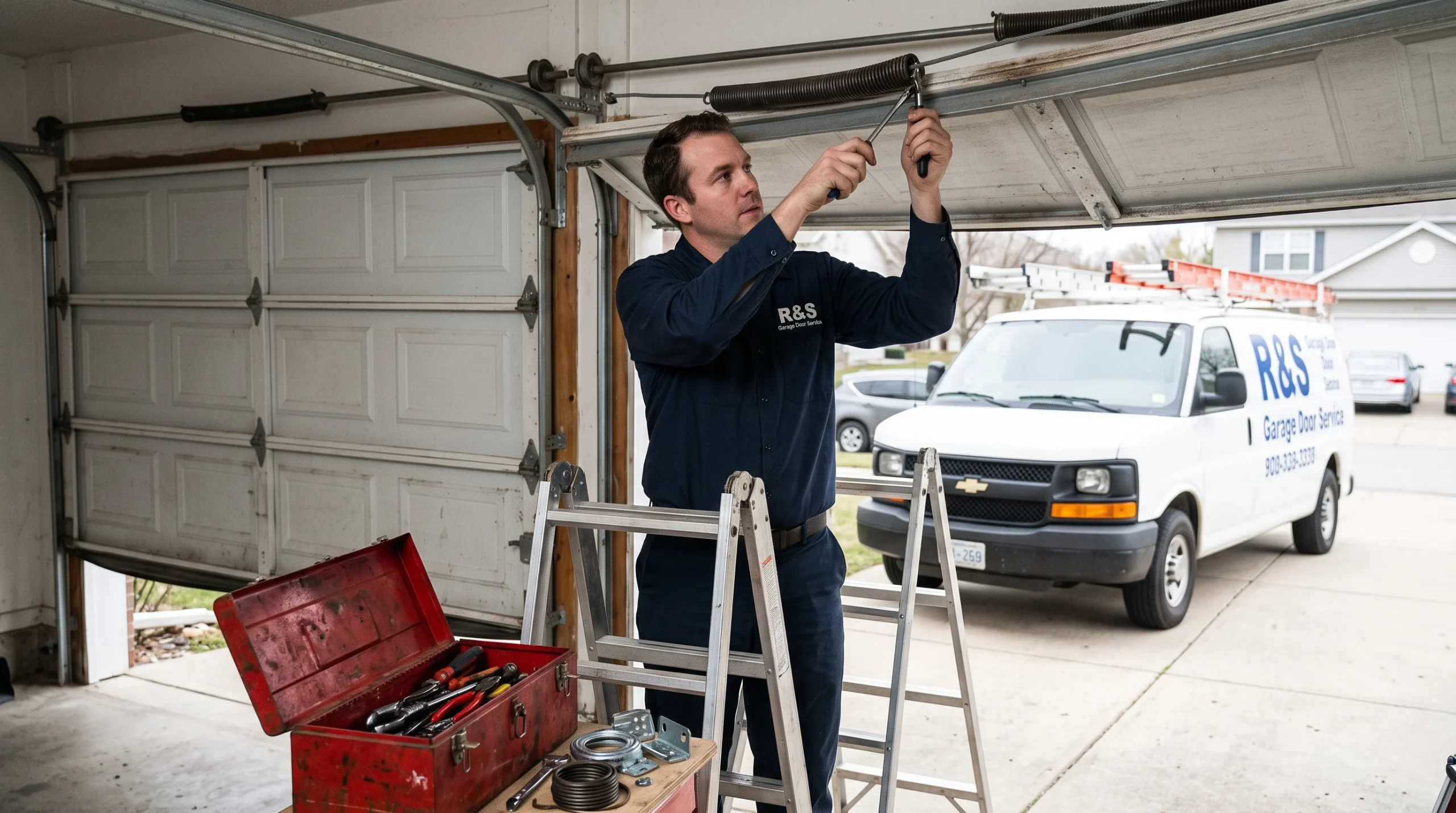 An R&S technician on a ladder adjusting torsion springs with an R&S service van parked outside for Emergency Garage Door Repair in Vallejo.