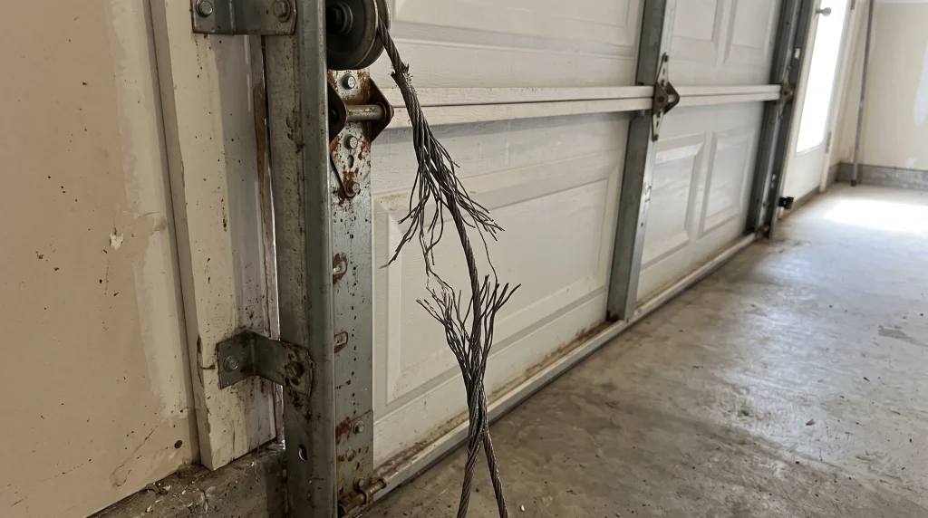 Close-up view of a severely damaged steel lifting wire showing a Frayed Garage Door Cable attached to a vertical track pulley system.