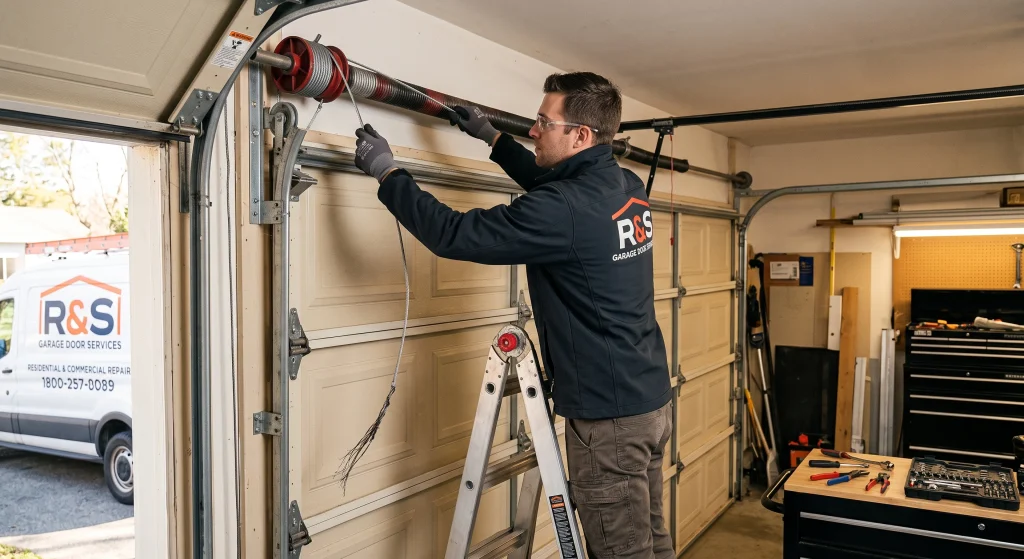 A technician holding up a damaged, unwound steel cable while working near the drum assembly to replace a Frayed Garage Door Cable.