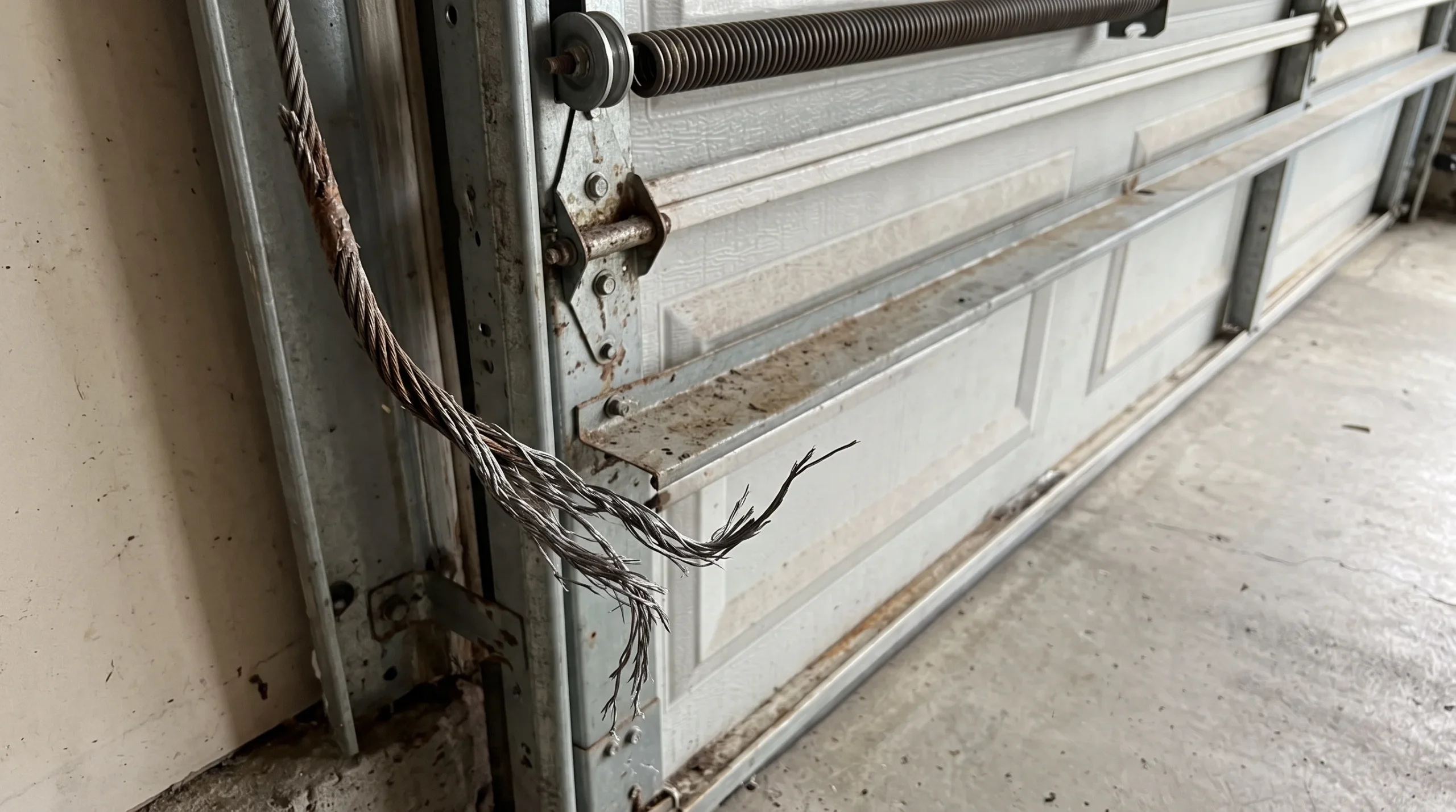A broken steel wire strand attached to a track pulley showing What Is a Garage Door Cable.