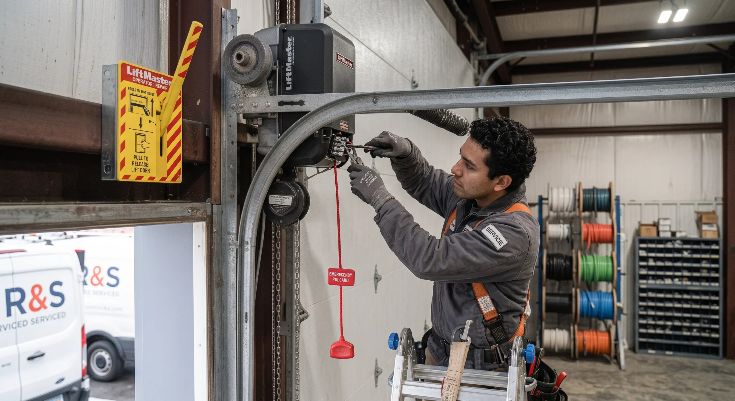A technician repairing wall-mounted operator wiring to address a Garage Door Opener Clicking but Not Opening issue.