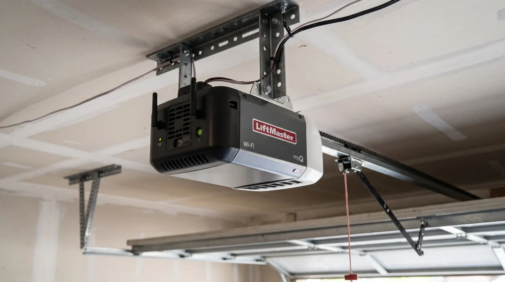 A ceiling-mounted LiftMaster smart garage door opener unit with Wi-Fi and myQ connectivity, illustrating why Garage Door Openers Click.
