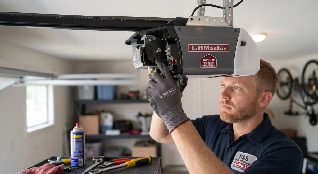 A technician pointing inside an open motor housing to explain What Happens Inside An Opener When You Hear A Click.