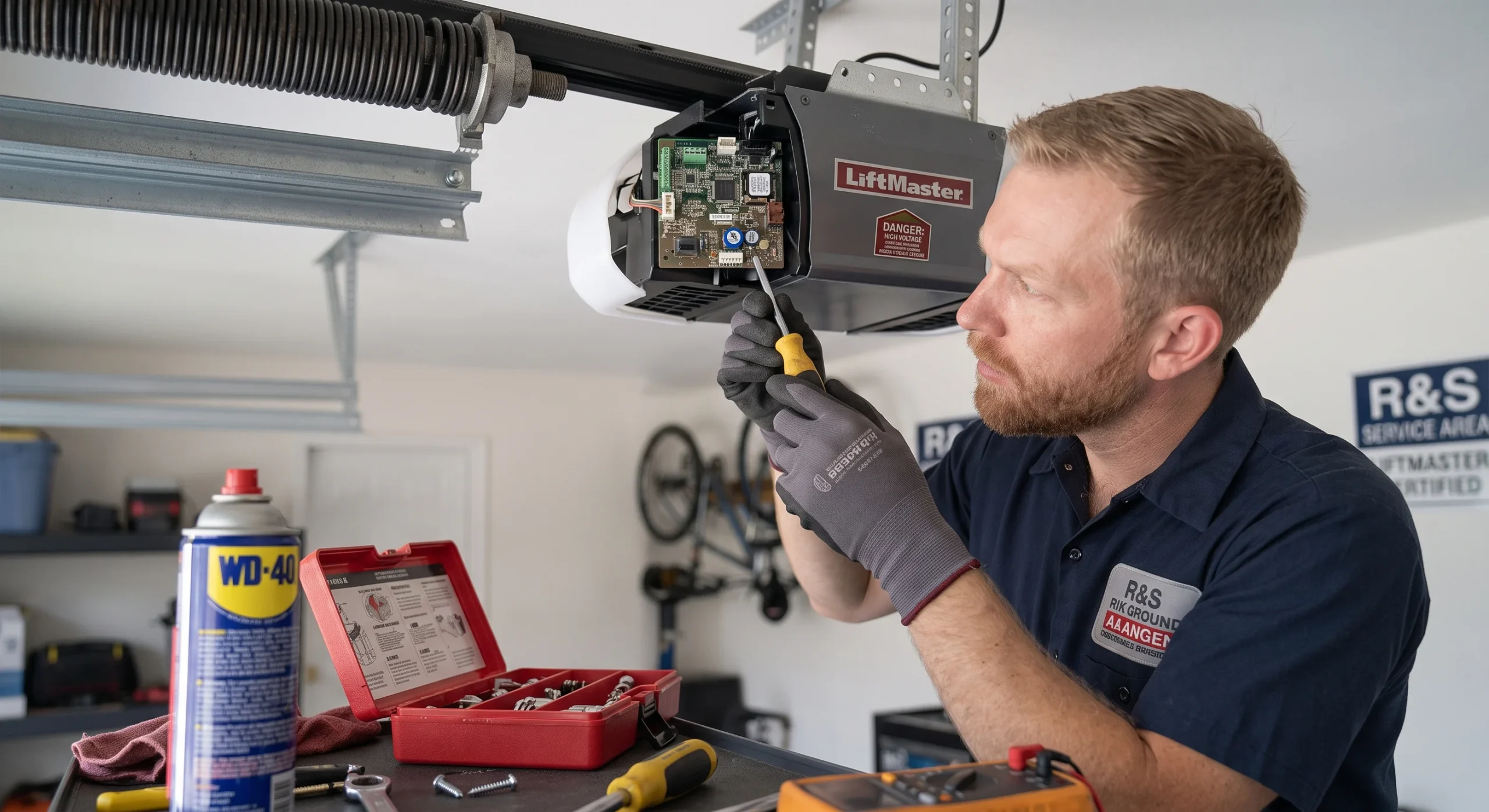 A technician using a screwdriver to test logic board connections on a LiftMaster unit when the garage door opener clicks.