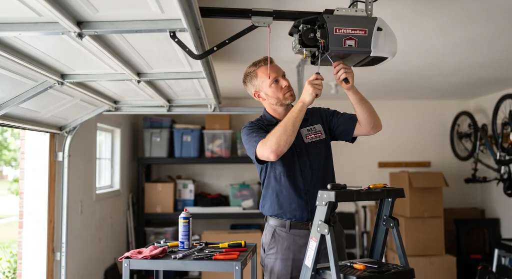 A technician using hand tools to service a ceiling-mounted LiftMaster unit with a garage door opener that clicks.
