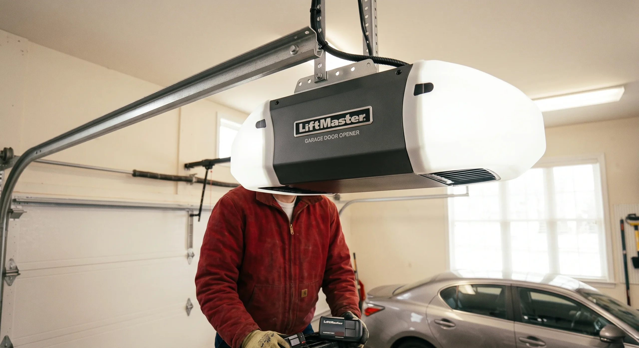 A technician servicing a overhead LiftMaster unit during a Commercial Door Operator Replacement.