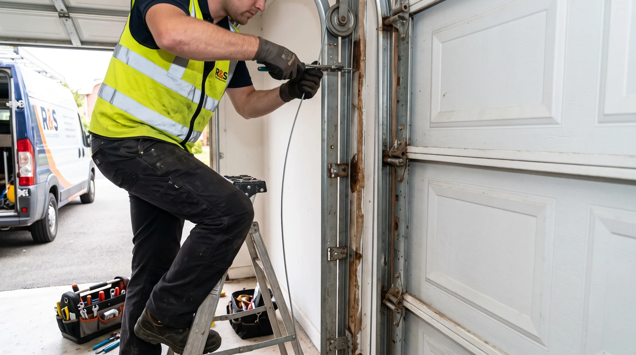 A technician on a stepladder repairing a vertical track cable assembly on a residential door for Garage Door Repairs in Vallejo.