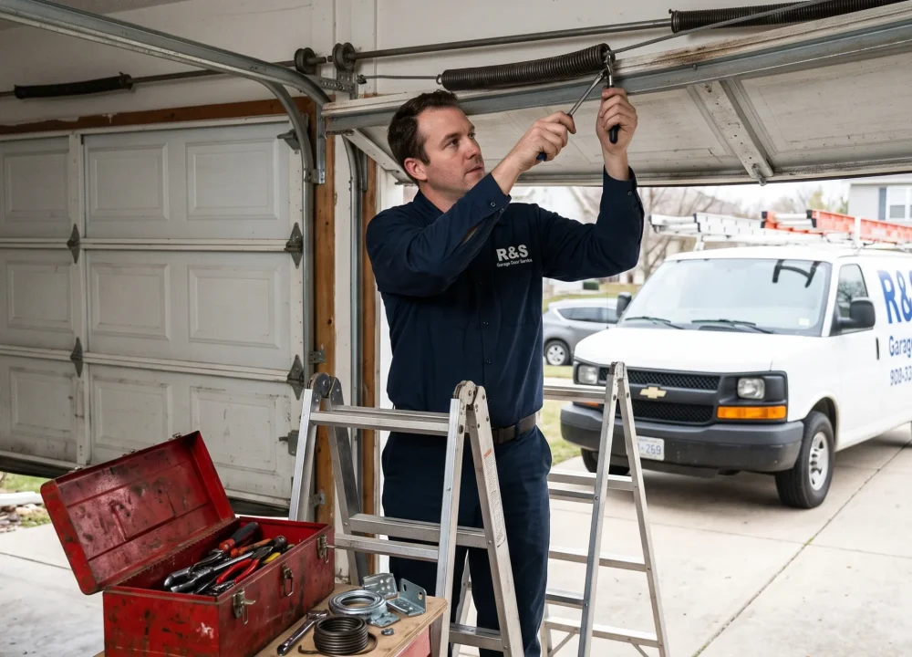 An R&S technician on a ladder adjusting torsion springs with an R&S service van parked outside for Emergency Garage Door Repair in Vallejo.