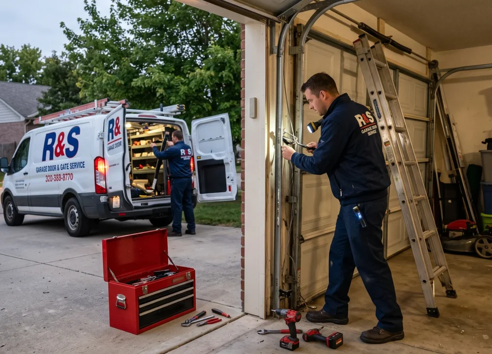 A service technician performing an evening driveway repair next to an R&S service van for Emergency Garage Door Repair.