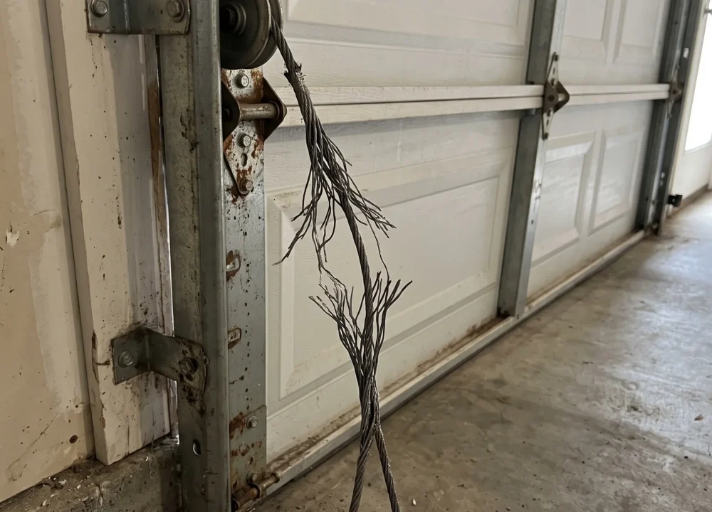 Close-up view of a severely damaged steel lifting wire showing a Frayed Garage Door Cable attached to a vertical track pulley system.