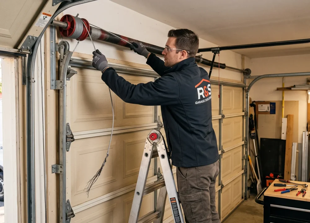 A technician holding up a damaged, unwound steel cable while working near the drum assembly to replace a Frayed Garage Door Cable.
