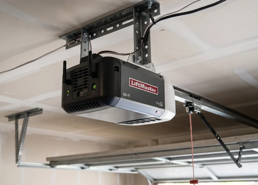 A ceiling-mounted LiftMaster smart garage door opener unit with Wi-Fi and myQ connectivity, illustrating why Garage Door Openers Click.