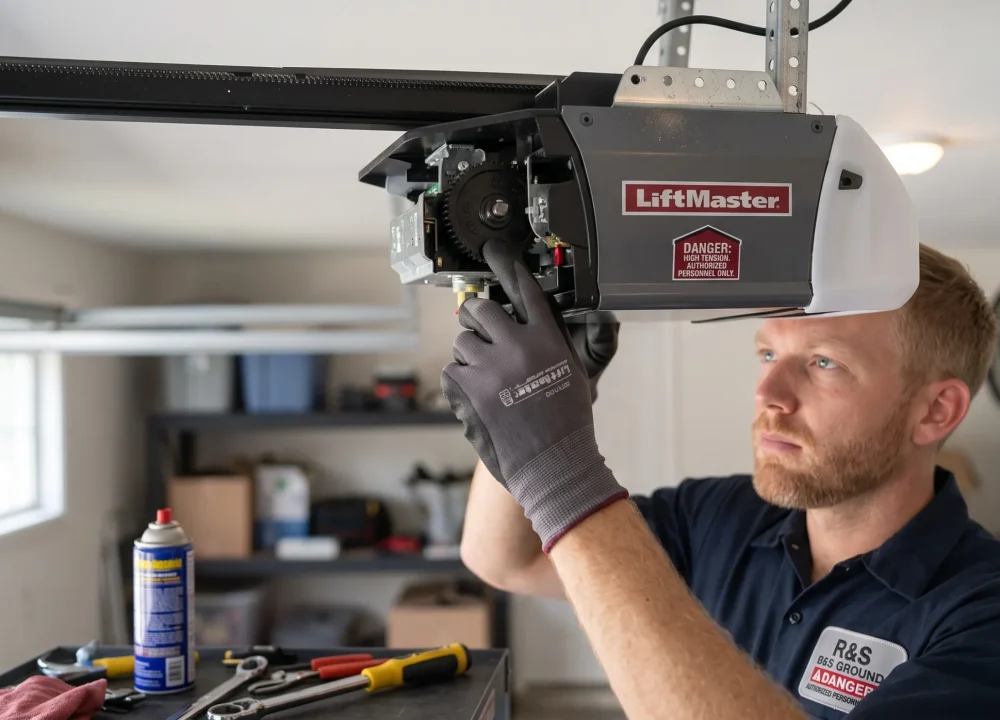 A technician pointing inside an open motor housing to explain What Happens Inside An Opener When You Hear A Click.