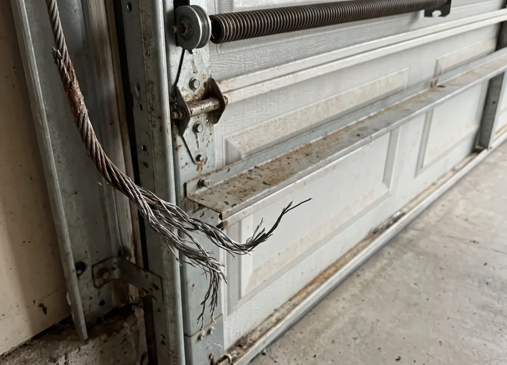 A broken steel wire strand attached to a track pulley showing What Is a Garage Door Cable.