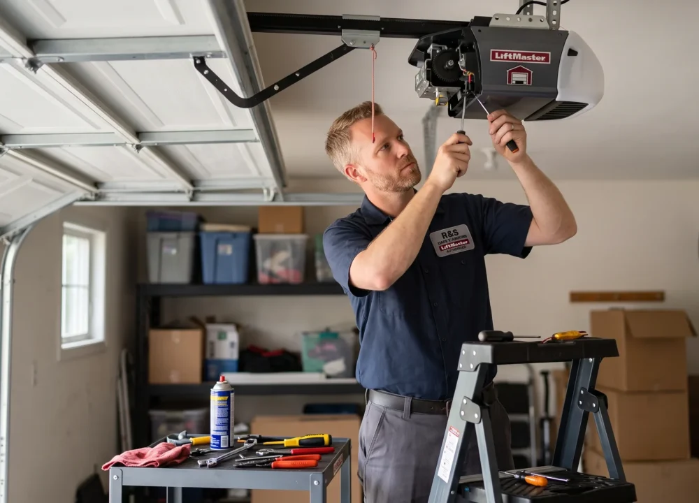 A technician using hand tools to service a ceiling-mounted LiftMaster unit with a garage door opener that clicks.
